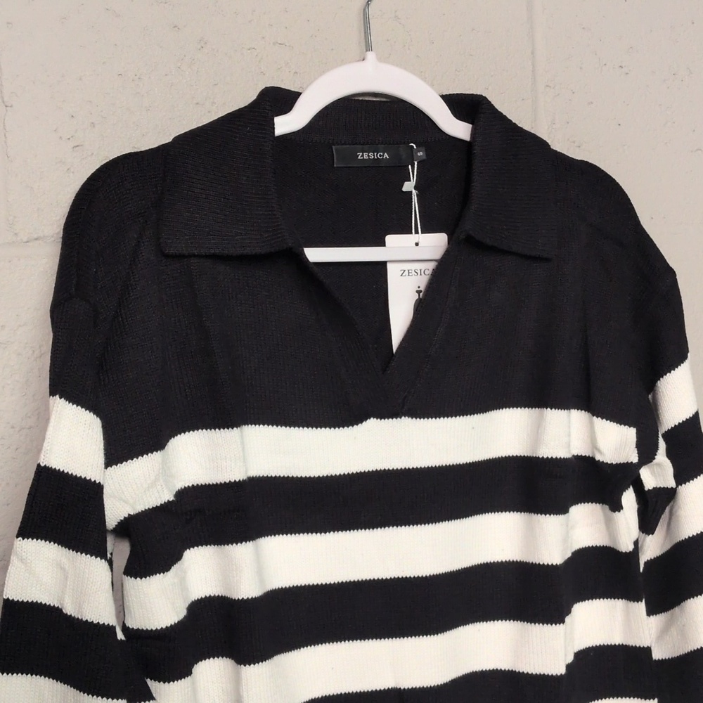 Women's Lapel VNeck Long Sleeve Striped Chunky Knit Oversized Sweater Small NWT - Picture 5 of 7